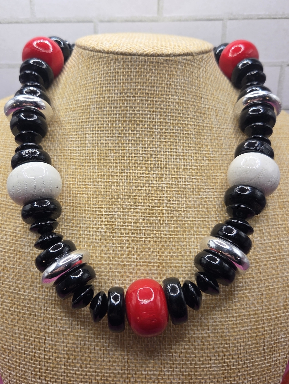 1223. Vintage Wooden Red, Black & White Statement Necklace